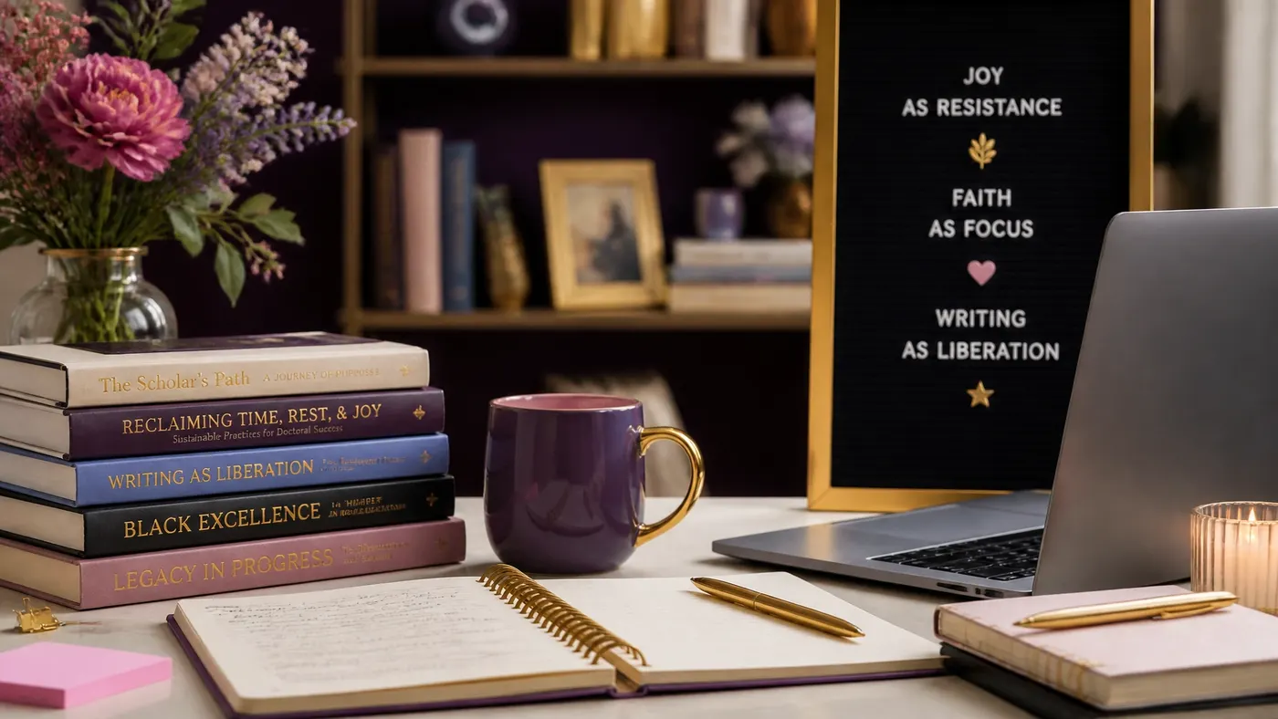 A warm writing desk with an open notebook, laptop, flowers, and a letterboard about writing as liberation